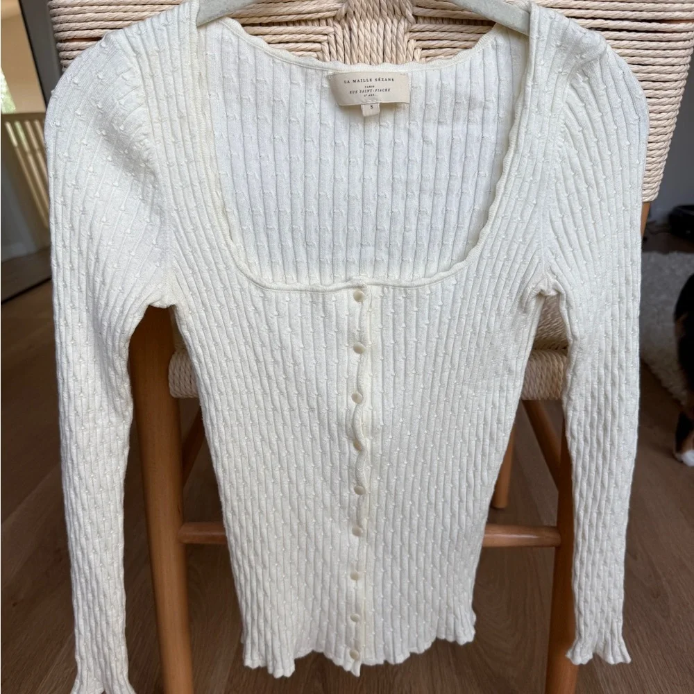 Sezane Cream Ribbed Button-Down Sweater Top - Picture 1 of 3